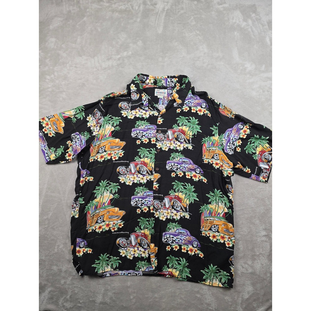 Reyn Spooner Hawaiian Shirt Mens XXL Black Hot Rod American Classics Rayon